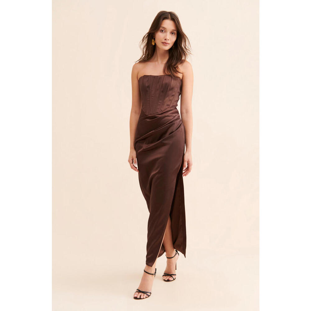 Anthropologie x Bardot - Strapless Brown Satin Corset Dress, Size M